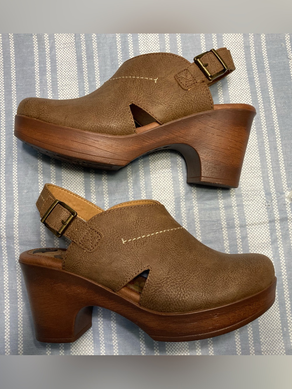 BOC brown heeled clogs.